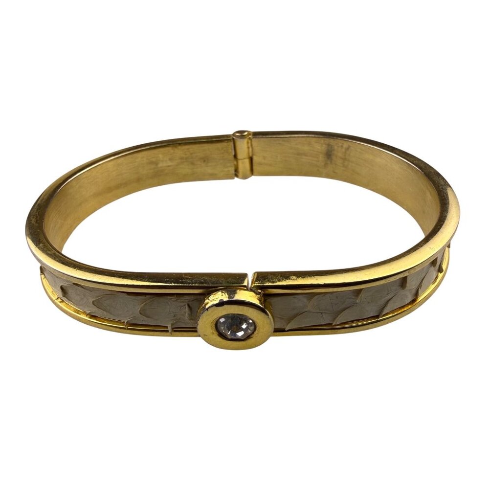 Gold Tone Hinged Bracelet With Crystal Accent Snake Skin Pattern Oval Shape